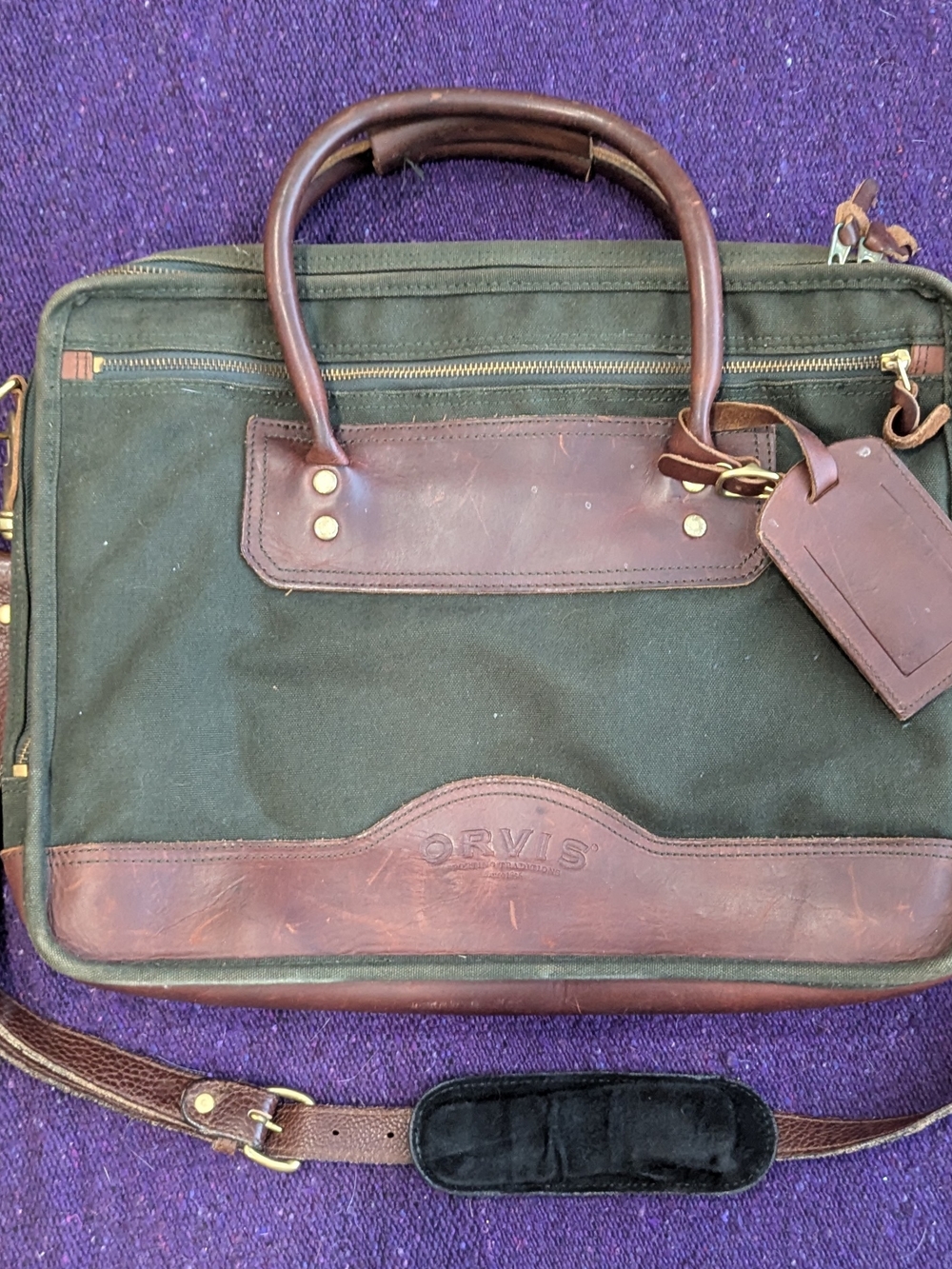 Orvis Olive Green and Brown Leather-Trim Laptop Briefcase